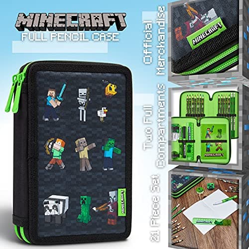 Minecraft Trousse Scolaire Enfants avec Plusieurs Compartiment, Papeterie Incluse - Ecole Fourniture (Noir)