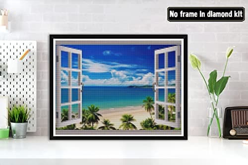 Bimkole 5D Diamond Painting DIY Kits Plage, Fenêtre Mer Arbre Bleu Ciel Broderie Diamant Kits De Broderie Au Point De Croix Strass Rond Résine Peinture Décor à La Maison, (30x40 cm)