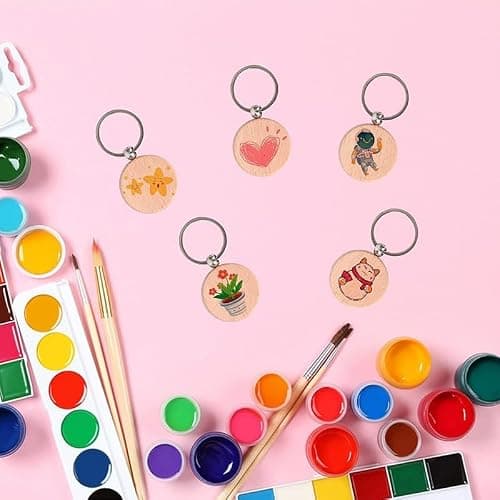 60 Pièces Porte-Clés en Bois Rond Vierge - Kit de Bricolage Pour Gravure et Cadeaux