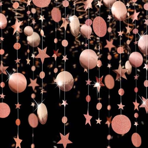 Ainmto Guirlande en Papier Pailleté Rosegold,Décoration en Papier Rond Etoile pour Les Fêtes (4M x 4Pièces)