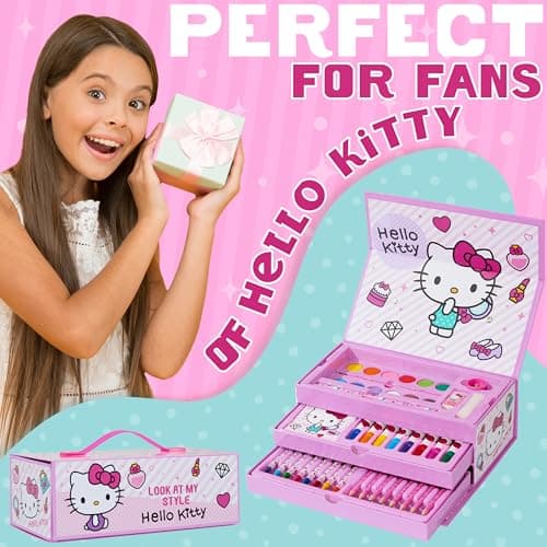 Hello Kitty Sanrio Coffret de Dessin Enfant, Kit Coloriage et Peinture, Crayons Feutres et Accessoires, Fournitures Kawaii en Mallette, Idée Cadeau Fille (Rose Hello Kitty à 3 Niveaux)