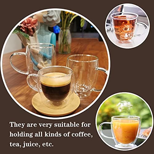 Lot de 4 Tasses à café en verre à double paroi avec manches, tasses isothermes légères, résistant à la chaleur pour cappuccino, latte, thé, (4 pièces, 350 ml)