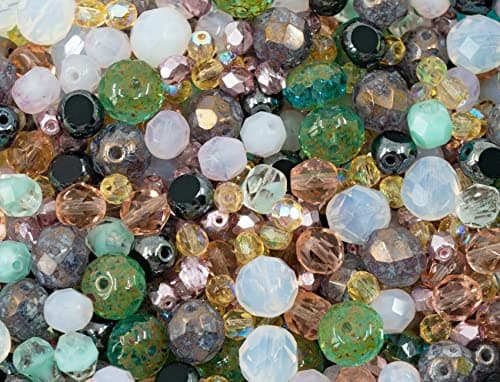 25g Gentle Mix of Faceted Fire Polished Czech Glass Beads (Round, Rondelle etc) 4-10mm, Light Pink Teal Yellow Opal