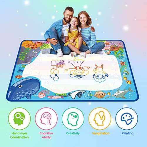 PHYLES Tapis de Dessin à Eau, 100 * 70cm Pas de Gâchis Tapis Dessin Enfant, 10 Couleurs Tapis Doodle Matte, Jouets Éducatifs pour Enfants, Cadeau de Noël Adapté aux Enfants dès 2 ans+