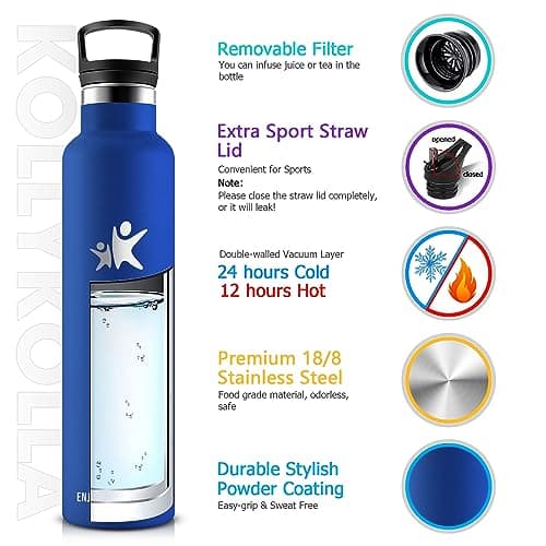 KollyKolla Gourde Isotherme 1L, Gourde Inox avec en Paille, Bouteille d'eau sans BPA, Réutilisable, Anti-Fuite, Acier inoxydable à Double Paroi Isolée, pour Enfant, Adultes, Sport - 2 Couvercles