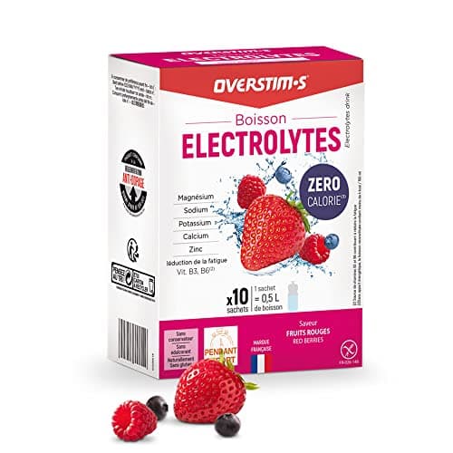 Overstim.s - Boisson Electrolytes (10 Sachets) - Zéro Calorie – 4 électrolytes (Sodium, Calcium, Magnésium, Potassium) -5 Vitamines (B1, B2, B3, B6, C) - Fruits Rouges