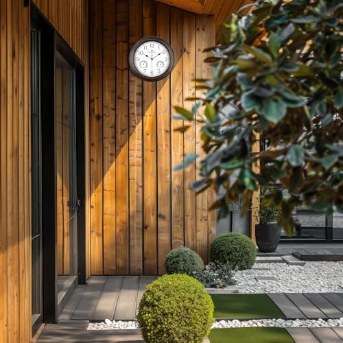 Lafocuse 30cm Horloge Murale Exterieure Etanche avec Thermomètre et Hygromètre, Vintage Marron Pendule Murale Retro, Silencieuse Shabby Chic Deco pour Extérieur, Jardin, Balcon, Salle de Bain, Cuisine