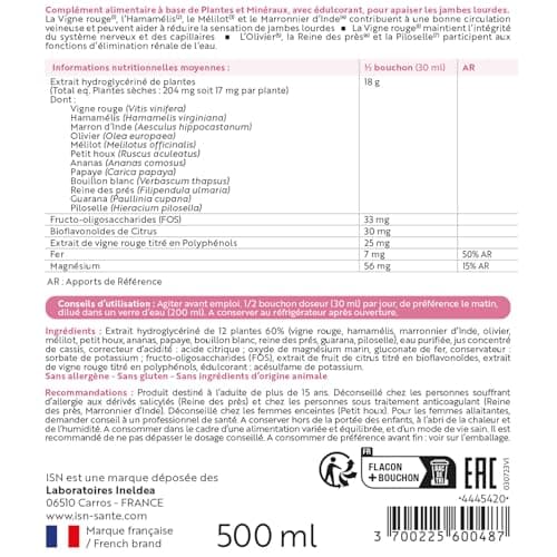 INELDEA SANTE NATURELLE - Veinocell 500- Confort circulatoire -Sans gluten – Sans allergène – Sans OGM – Sans aspartame - Cure de 15 j - Lot de 3 Flacons