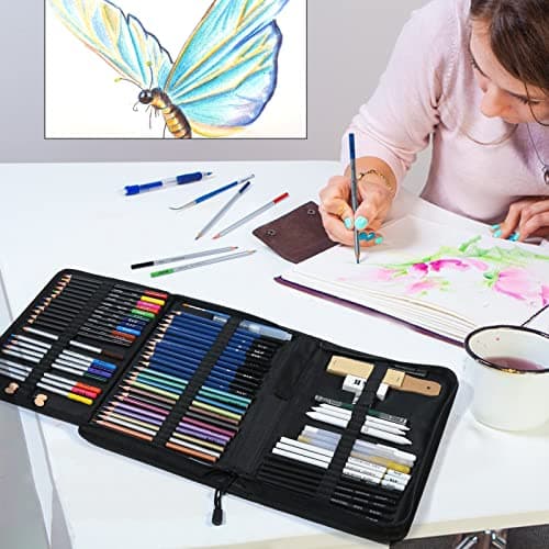 H & B Lot de 80 crayons à dessin, ensemble de crayons à croquis, kit de dessin professionnel avec livre de coloriage, carnet de croquis, 3 couleurs, enfants, débutants (noir)