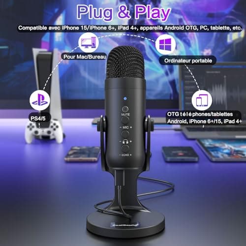 zealsound USB Microphone à Condensateur, Micro Gaming pour PC Phone Ordinateur Portable et PS4&5, avec Muet/Écho/Réduction du Bruit, pour Streaming, Enregistrement,Vocal,Podcast,Twitch, ASMR,K66 Noir
