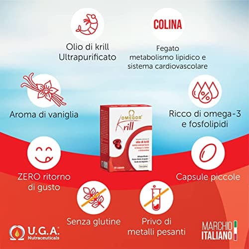 Omegor Krill - Complément alimentaire avec phospholipides, choline, Oméga-3 et astaxanthine à haute biodisponibilité - 260 mg d'EPA et DHA - Sans arrière-goût - Facile à avaler - 60 capsules