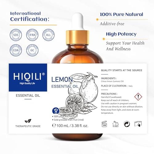 HIQILI 100ml Huile Essentielle Citron,100% Pure Naturelle pour Huile Essentielle, Ajoutée au Diffuseur, Spray