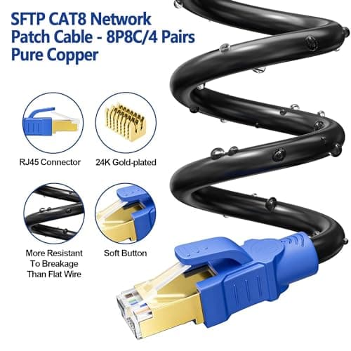 Cat 8 Câble Ethernet 20m Rj45 20m Câble Réseau Blindé Cat 8 40Gbps 2000MHz Haut Debit Câble LAN SFTP PIMF Anti-interférence Long CAT8 Câble Internet Extérieur Etanche Pour Routeur Switch(20 Clips)
