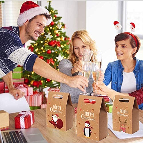 12 Pièces Boîtes Cadeau de Noël en Papier Kraft, Boite Cadeau Noel Vide, avec le père Noël, le Wapiti, le Bonhomme de Neige, le Motif de Pingouin, pour les Cadeaux de Bonbons de Fête de Noël