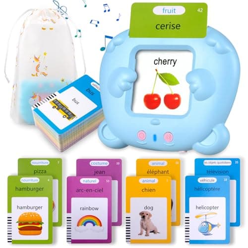 Sunity Cartes Flash parlantes pour Enfants, Mot ami Jeux français de 2 à 6 Ans avec de la Musique, Jeux educatif 2 Ans, Jouets préscolaires pour écouter et Apprendre Bleu(Français/Anglais/Bilingue)