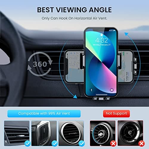 Support Téléphone Voiture [Clip de Qualité Militaire] Porte Téléphone Rotatif à 360 Degrés pour Grille D'aération de Voiture GPS pour Smartphone iPhone Android (Noir)