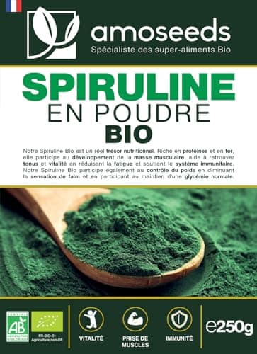 Spiruline en poudre BIO 250G | Naturelle et Pure | Riche en protéines, fer | Énergie, Sport, Immunité | Sans OGM, sans Conservateurs | Qualité Supérieure
