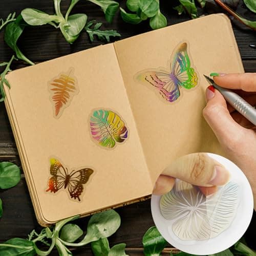 Lot de 150 autocollants laser holographiques, feuilles et papillons, autocollants transparents à paillettes argentées, pour scrapbooking et album photo, autocollants de décoration DIY