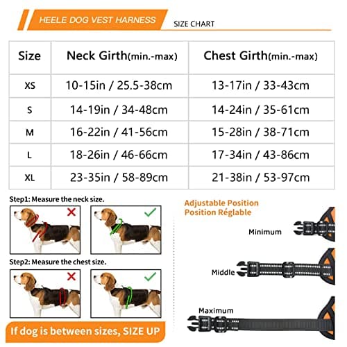 HEELE Harnais Chien, Harnais Anti Traction Réfléchissant Harnais pour Moyen Grand Chien avec Poignée Rembourrée, 1 Boucle sur la Sangle Droite de Cou Rendent Facile à Mettre et à Enlever, Orange, L