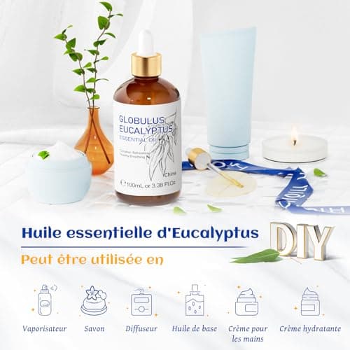 HIQILI Huile Essentielle Eucalyptus 100ML, 100% Naturelle, Huile d'aromathérapie Pour Le Visage, La Fabrication de Bougies, Le Diffuseur, La Peau et Les Cheveux - 3.38 Fl Oz