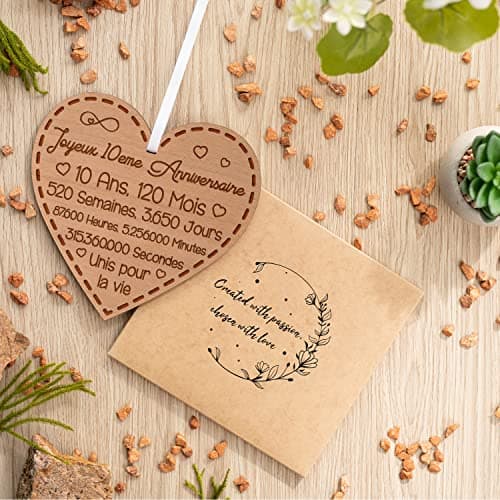 Cadeau Anniversaire De Mariage 10 Ans - Idée Cadeau Souvenir Anniversaire De Mariage Pour Femme En Bois - Cadeau Cœur Gravé Souvenir 10 Ans De Mariage Homme Et Femme