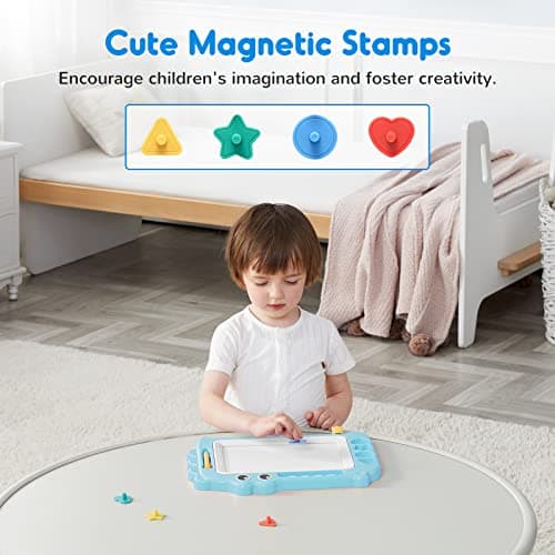 SGILE Jouets pour enfants, tableau magique magnétique pour l'apprentissage précoce, ardoise magique effaçable en couleur avec 4 Pieds, quatre timbres, cadeau pour bébé, fille, garçon, 3 4 5 ans, Bleu