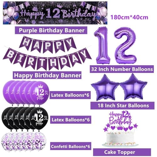 Décoration Anniversaire 12 Ans Fille - Bannière, Ballons, Topper Gâteau Violet