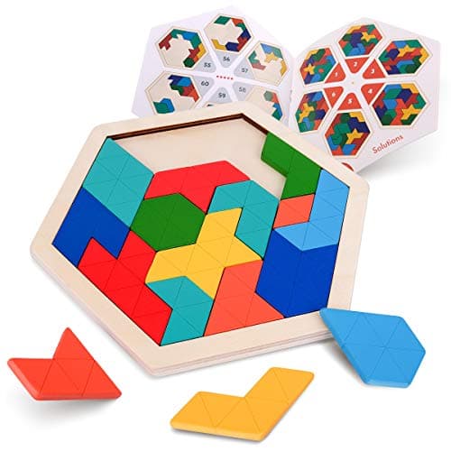 Coogam Puzzle en Bois pour Enfants - Forme hexagonale Motif Tetris Bloc Tangram Logic IQ Jeu STEM Montessori Casse-tête Jouet Cadeau pour Adolescents