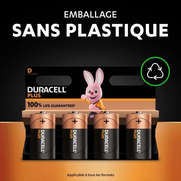 DURACELL D Plus Piles Alcalines (Lot de 4) 1.5V, LR20 | Durée de vie garantie à 100% - Idéales pour les appareils du quotidien - Emballage 0% plastique - Conservation 10 ans