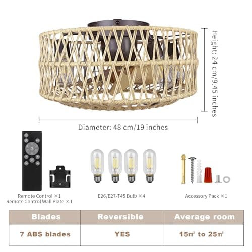 FIMEI Ventilateurs de plafond avec lumières et télécommande, 6 vitesses réversibles, 19'' ventilateur en corde de chanvre tissée à la main, éclairage pour salon, minuterie, 11W lumière, 20W DC Moteur