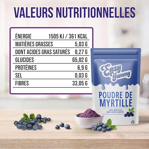 Easy Yummy Poudre de Myrtille (100g), Poudre de Myrtille 100% sauvage, sans sucre ajouté