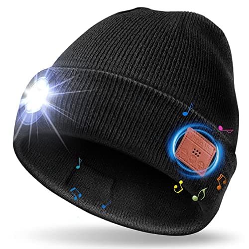 UNBON Bonnet Bluetooth avec LED Lampe, Idée Cadeau Homme Bonnet Bluetooth Lampe Frontale Rechargable Cadeau Noël Original Bonnet LED Bluetooth avec Écouteur Stéréo Tricoté Hiver Chaud pour Homme Femme