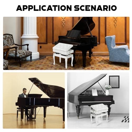 Jargrovs Banc de Piano,Banc Piano en Cuir PU épais à 10 Boutons, Tabouret Piano réglable en Hauteur à Pieds courbés en Bois Massif,Banquette Piano avec Compartiment de Rangement,Tabouret Piano Blanc