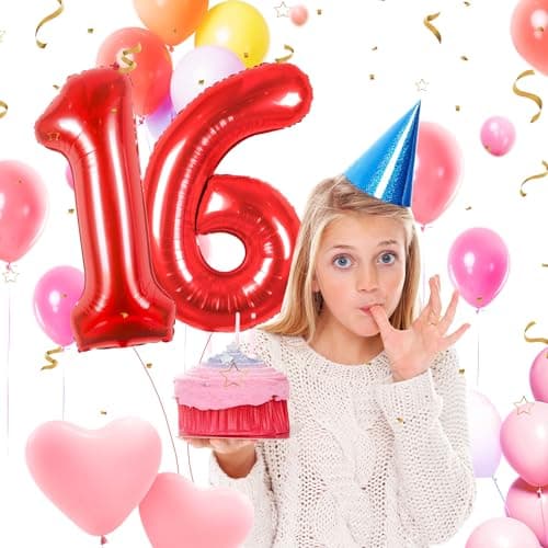 Ballons Anniversaire 16 Rouge - 100cm - Ballon Chiffre 16 Numéro 16 - Happy Birthday Decoration Ballons Fête d'anniversaire Ans Vole Grâce à l'Hèlium 16