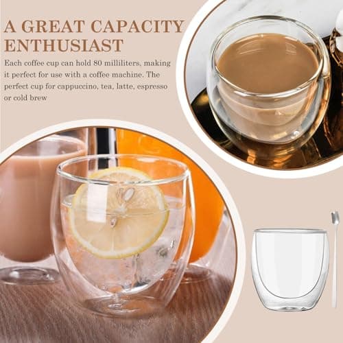 6er Set Tasse a Café Double Paroi, Tasse Double Paroi Expresso, 80 ml Tasses à Expresso en Verre, Tasses à Latte Macchiato acve 6 Cuillères, Verres a Expresso en Verre, Verre a Double pour Thé, Lait
