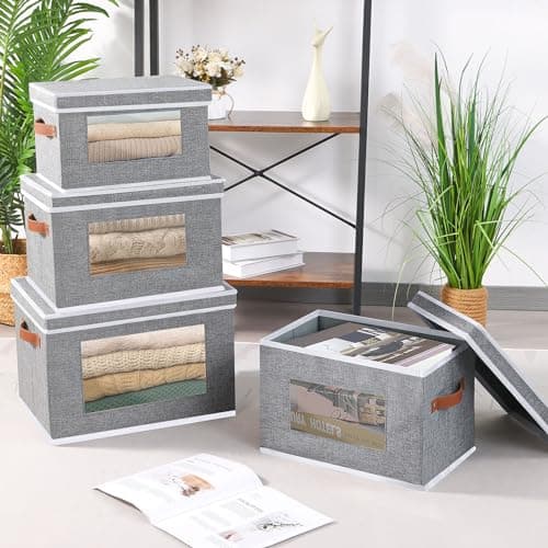 OUTBROS Boîte de Rangement, 33x23x20 cm Boîte avec Couvercle, avec Fenêtre Transparente, Panier en Tissu Pliable, Armoire Panier de Rangement, Gris, Paquet de 1