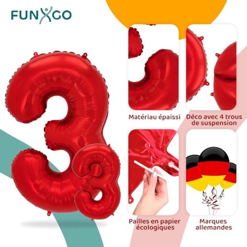 FUNXGO® Ballon decoration anniversaire 3 ans - Lot de 2 - Ballons Numéro 3 en Rouge - deco anniversaire 3 ans fille ou garcon - Gonflables à l'Hélium - Happy Birthday Decoration - Rouge Chiffre 3