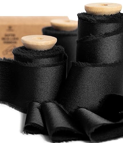 Vitalizart Ruban de Satin Soyeux Noir 3,8 cm x 13,7 m, Rubans Effilochés en Tissu à Franges Faits à la Main pour l'Emballage de Cadeaux, les Décorations Festives, les Bouquets de Mariées