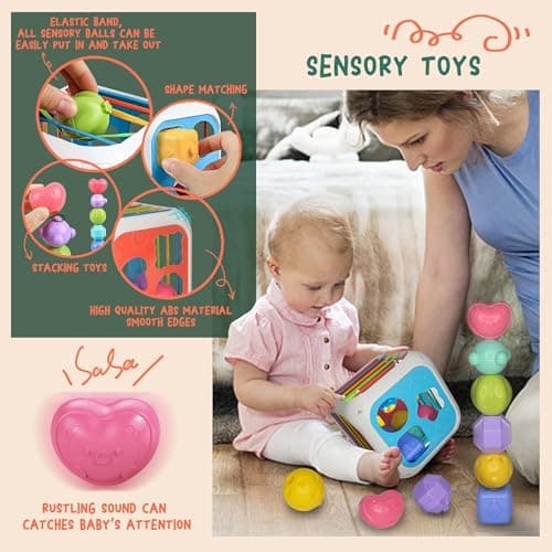 MutoToy® Jouet Sensoriel Bebe 6 Mois et Plus, 6 en 1 Jeux Montessori Eveil avec Cube D'activité Bébé, Jouet Ventouse Chaise Haute, Jouets de Développement