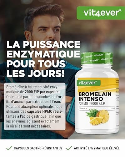 Bromélaïne Intenso - 750 mg (2000 F.I.P) - 120 gélules gastro-résistantes - Extrait naturel d'ananas - Testé en laboratoire - Vegan - Hautement dosé