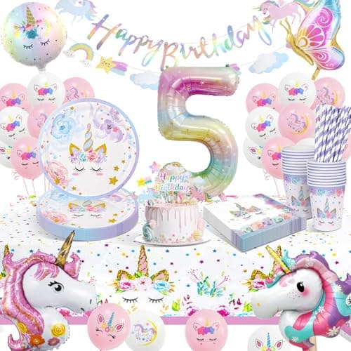 KQMGJYB Anniversaire Licorne Decoration Fille,5 Ans Licorne Vaisselle Anniversaire,Gobelets Serviettes Couverts Nappe Ballon Licorne pour 5 Ans Decoration Anniversaire 16 Invités