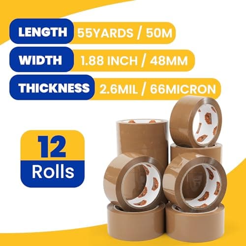 TAPEBEAR Ruban Adhésif d'Emballage Marron 48mm x 50m, Ruban Adhesif Emballage 2.6mil épaisseur, Fermeture Sûre, Haute Résistance Pour l'Emballage De Colis, Boîtes, Cartons, 12 Rouleaux