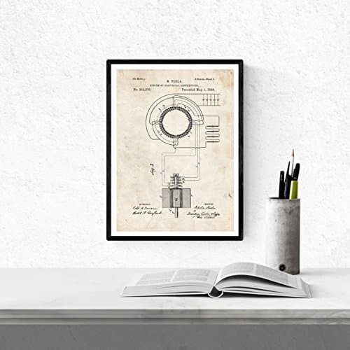 Nacnic - Pack 4 Fiches Brevets Electricité - Affiche Inventions et Anciens Plans Style Vintage. Ampoules, transistors, résistance.
