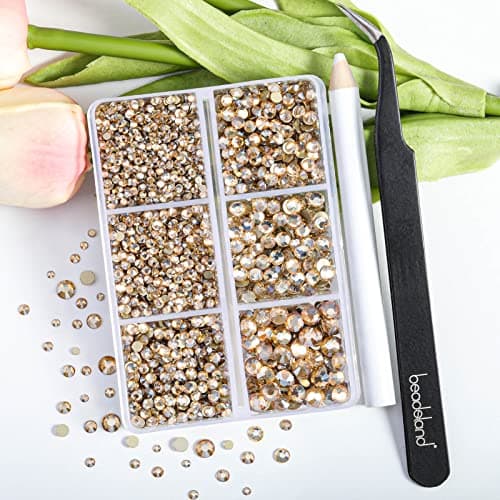Beadsland SS6–SS20 Lot de 4300 strass ronds à dos plat pour bricolage – Mélange de 6 tailles – Avec pincette et stylo à cire – SS6–SS20 – Champagne doré
