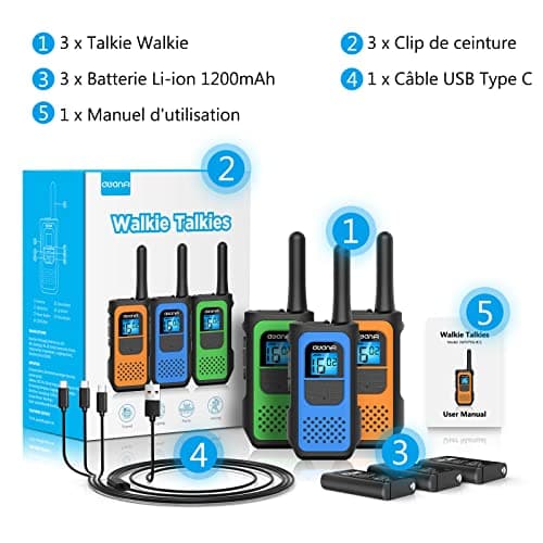 AWANFI Talkie Walkie Rechargeable Enfants Adultes 3 Pièces, Longue Portée avec 16 Canaux Radio à 2 Voies Écran LCD, USB Type C avec VOX pour Jeu d'Aventure, Randoneé, Vélo