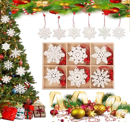 ilauke 24 Flocons de Neige en Bois Blanc,6 Designs Décoration de Sapin de Noël en Bois,Artisanat en Bois de Flocon 7x8cm,Décoration d'hiver Noël Bricolage,Bois Arbre de Noël Ornements pour Décoration