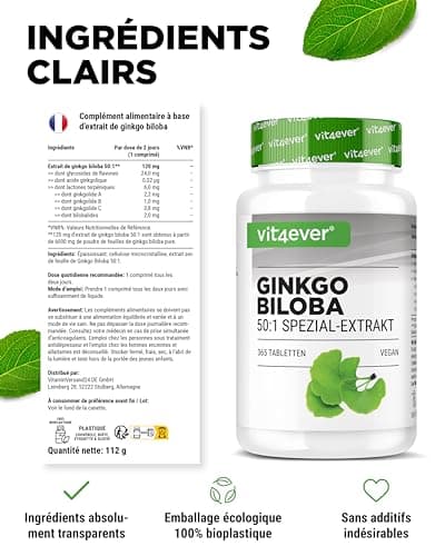 Ginkgo Biloba 6000 mg - 365 Comprimés - Premium : Avec glycosides de flavone + ginkgolide terpène lactones & acide ginkgolique libre - Sans additifs indésirables - Hautement dosé - Végétalien