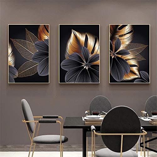 OYFFL Noir Feuille d'or Toile Peinture Plante Affiche Impression Moderne décor à la Maison Abstrait Mur Art Peinture Nordique Salon décoration Photo (3,20 * 30cm sans Cadre)