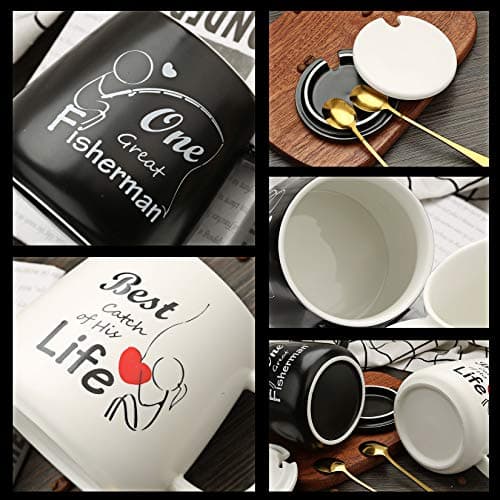 Sovyime Tasse à Café en Céramique, Coffret Cadeau Tasse Couple avec Couvercle et Cuillère, Tasse Cadeau Mariage Couple pour Mariée et Le Marié(One Great Fisherman, Best Catch of His Life)