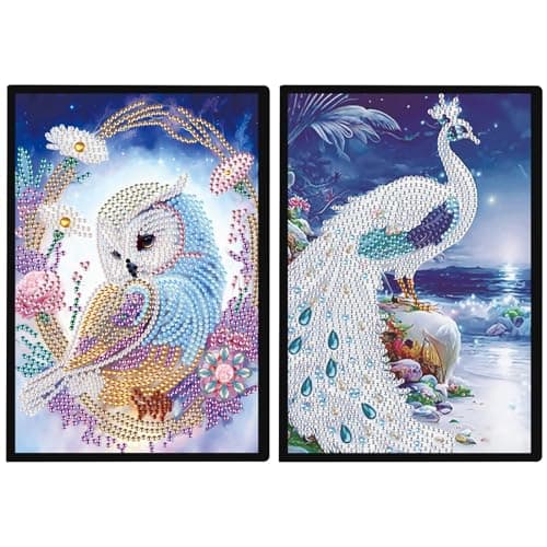 DCIDBEI Diamond Painting lot de 2 Carnet A5 Hibou Blanc Peinture Diamant Carnet de Note Chouette Paon A5 Diamant Painting Carnet de Croquis Filles Journal Intime Femme Adulte 50 Feuilles